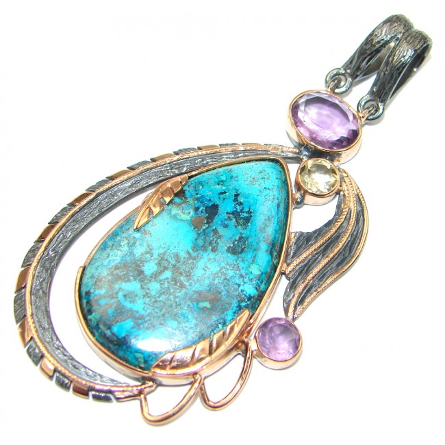 Excellent! 3 inches Blue Chrysocolla Rose Gold Plated over Sterling Silver Pendant