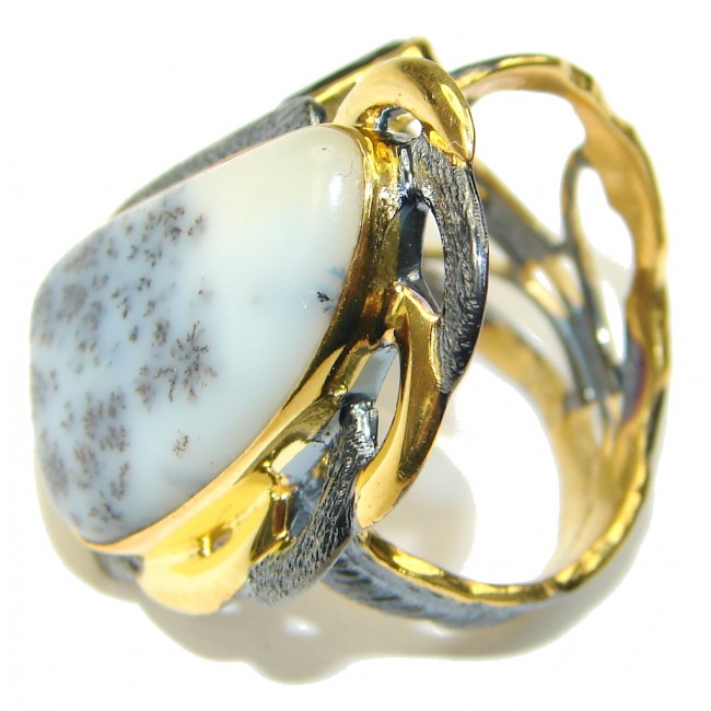 Perfect! White Dendritic Agate, Onyx Gold Plated, Rhodium Plated Sterling Silver Ring s. 8