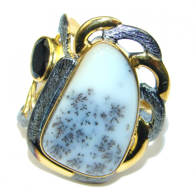 Perfect! White Dendritic Agate, Onyx Gold Plated, Rhodium Plated Sterling Silver Ring s. 8