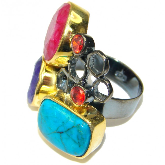 Beautiful! Turquoise Gold Plated, Rhodium Plated Sterling Silver ring s. 7 1/2