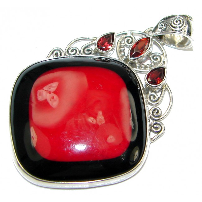 Secret Love! Red Fossilized Coral Sterling Silver pendant