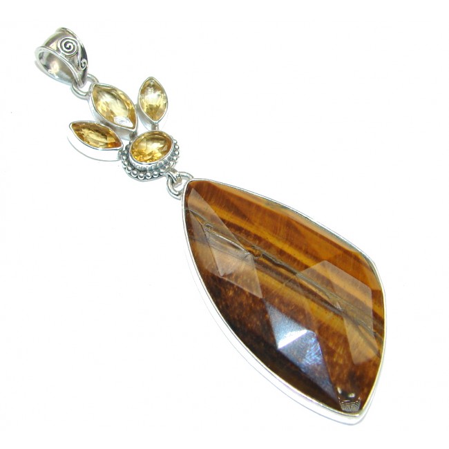Big! Natural Beauty! Brown Tigers Eye Sterling Silver Pendant