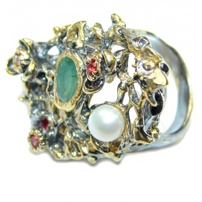 Garden Style! Green Emerald, Gold Plated, Rhodium Plated Sterling Silver ring s. 6
