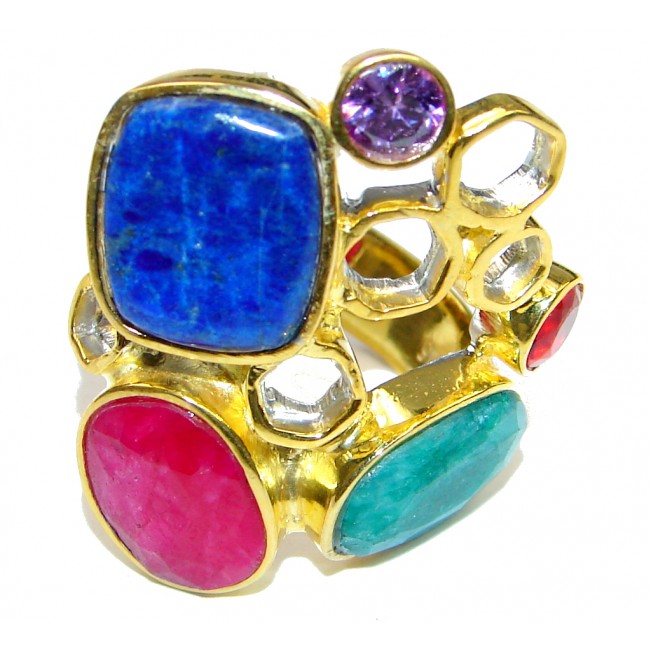 Pale Beauty! Blue Lapis Lazuli & Ruby & Emerald, Gold Plated Sterling Silver Ring s. 9 1/2