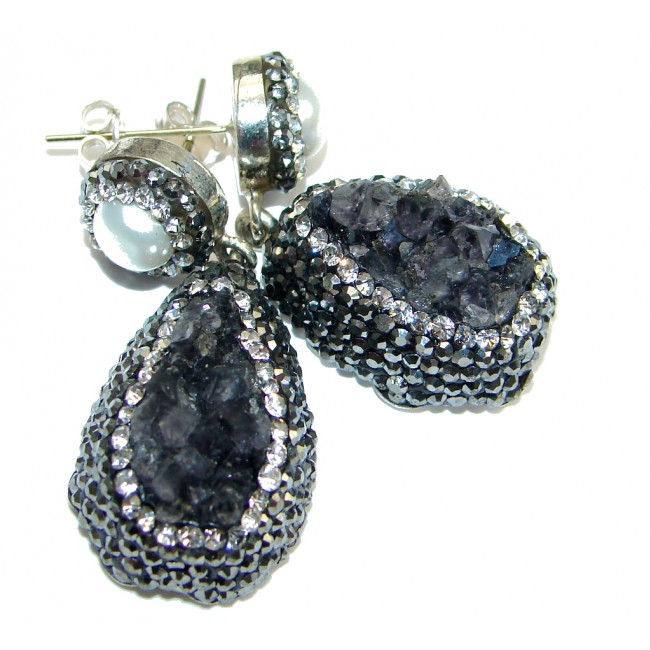 Victorian Style! Amethyst Cluster, Fresh Water Pearl Sterling Silver earrings