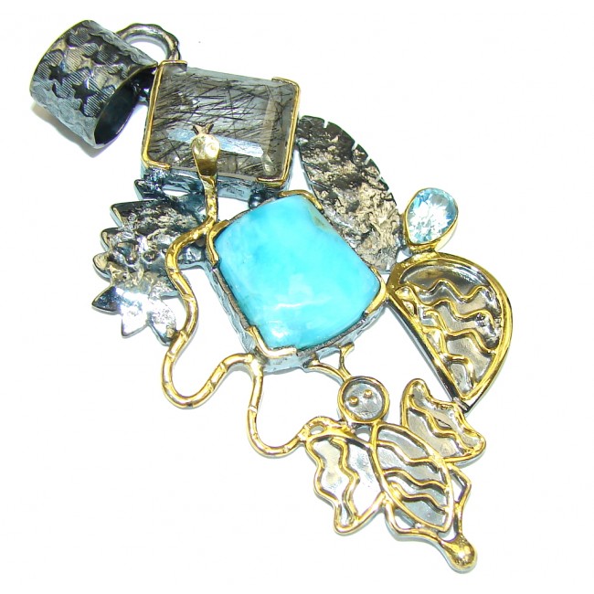 Handcrafted AAA Blue Larimar & Swiss Blue Topaz Sterling Silver Pendant