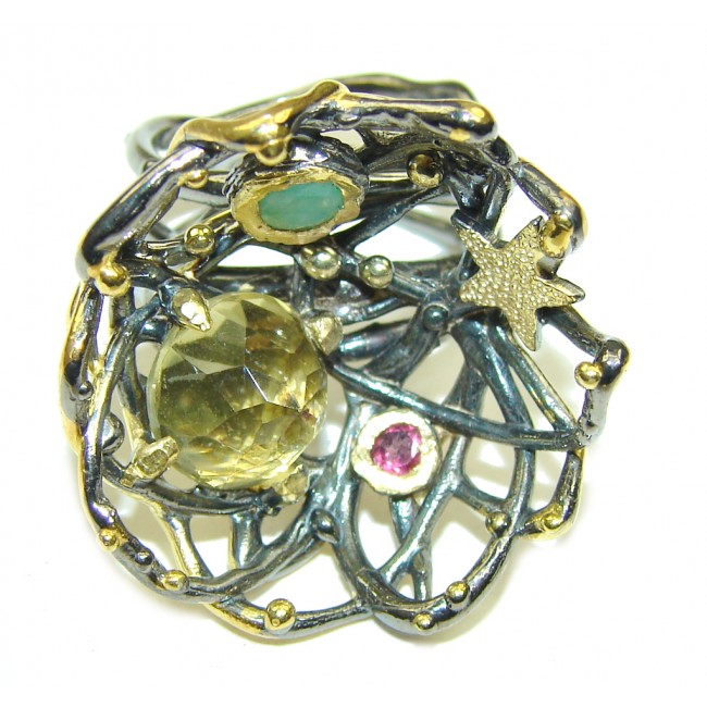 Mystic Universe Citrine Emerald Gold Plated, Rhodium Plated Sterling Silver Ring s. 7 1/4