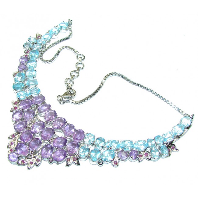 Royal Design Natural Purple Amethyst Blue Topaz Sterling Silver necklace