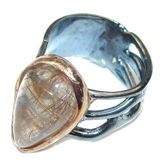 Perfect Gift! Golden Rutilated Quartz, Rose Gold Plated, Rhodium Plated Sterling Silver Ring s. 6 adjustable
