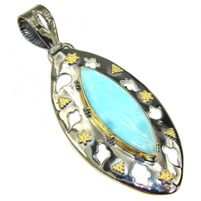 Handcrafted AAA Blue Larimar Two Tones Sterling Silver Pendant