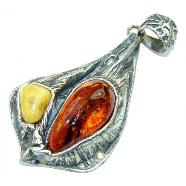 Big! Vintage Style! Butterscotch, Brown Amber Sterling Silver Pendant
