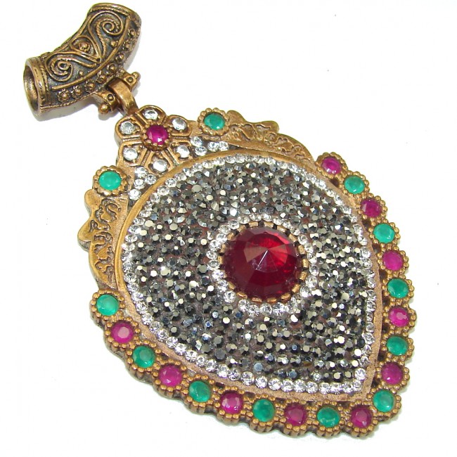 Victorian Style! Red Garnet & Ruby & Emerald Sterling Silver Pendant