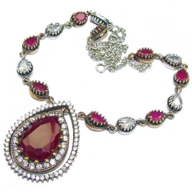 Victorian Style created Ruby & White Topaz Sterling Silver Necklace