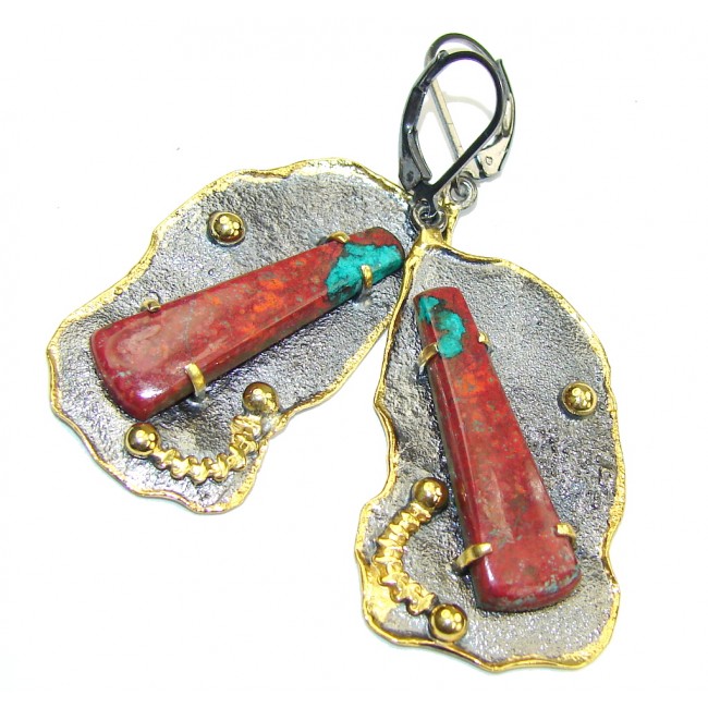 Big! Fancy Quality! Red Sonora Jasper, Gold Plated, Rhodium Plated Sterling Silver Earrings
