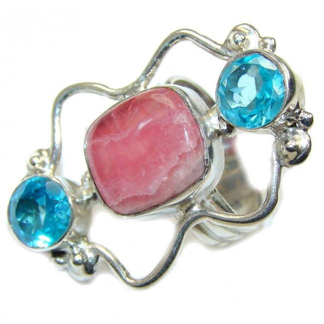 Excellent Pink Rhodochrosite & Blue Quartz Sterling Silver ring s. 8