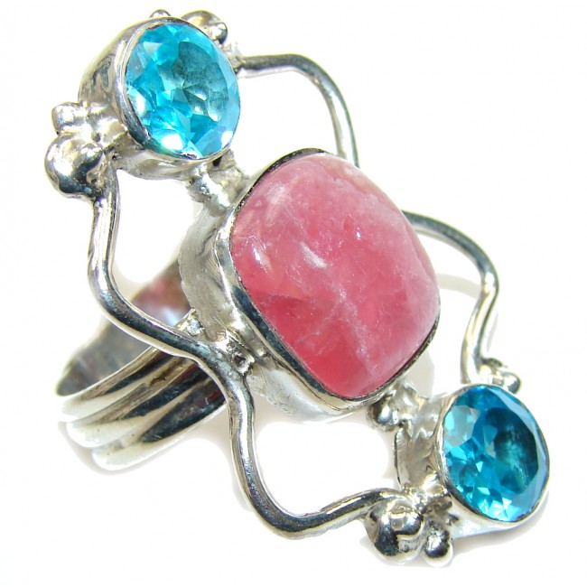 Excellent Pink Rhodochrosite & Blue Quartz Sterling Silver ring s. 8