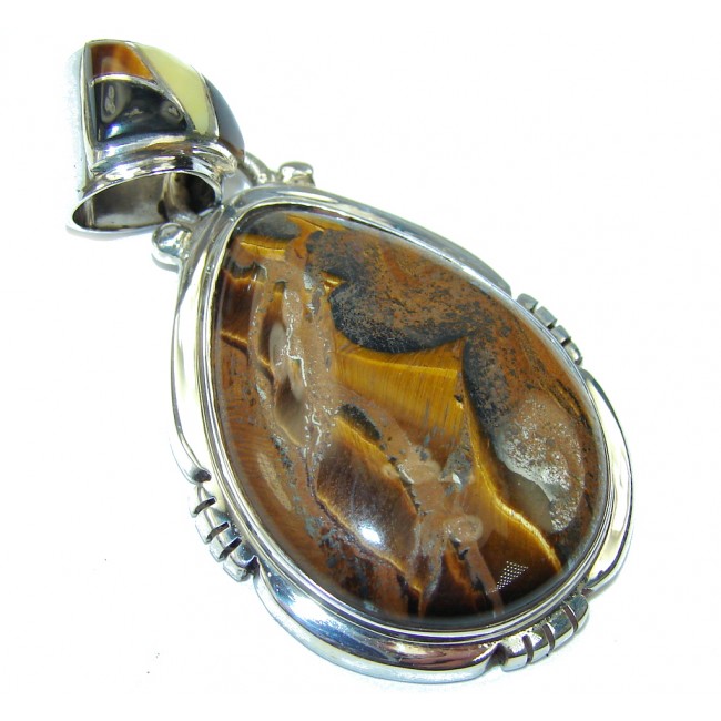 Natural AAA Brown Tigers Eye Sterling Silver Pendant