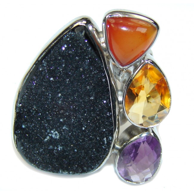 Black Attraction! Black Agate Druzy Sterling Silver ring s. 8- Adjustable