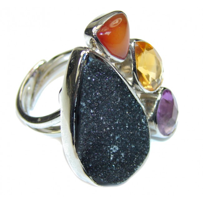 Black Attraction! Black Agate Druzy Sterling Silver ring s. 8- Adjustable