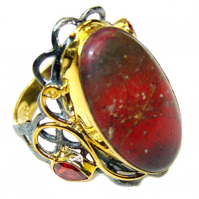 Beautiful DEsign! Red Sonora Jasper& Garnet, Gold Plated, Rhodium Plated Sterling Silver Ring s. 10