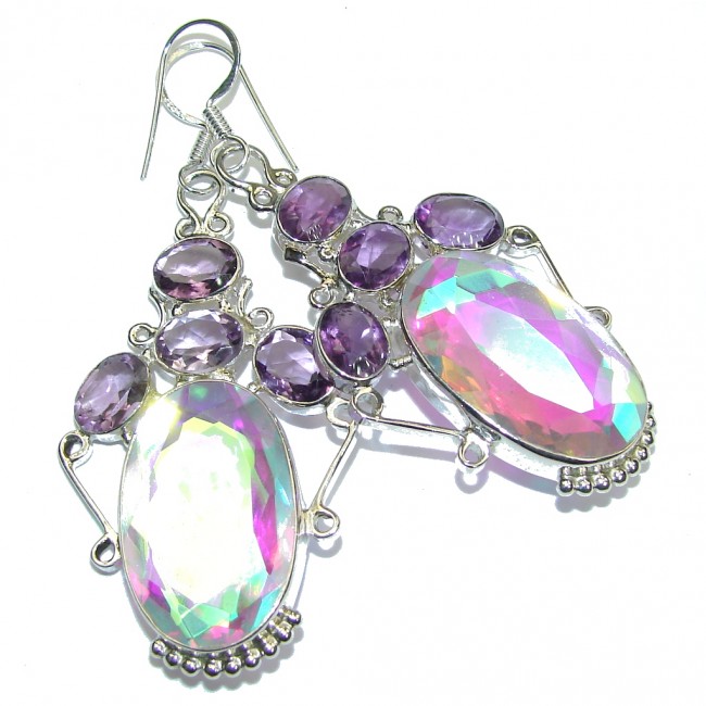 Perfect Style! Rainbow Dichroid Glass & Amethyst Sterling Silver earrings