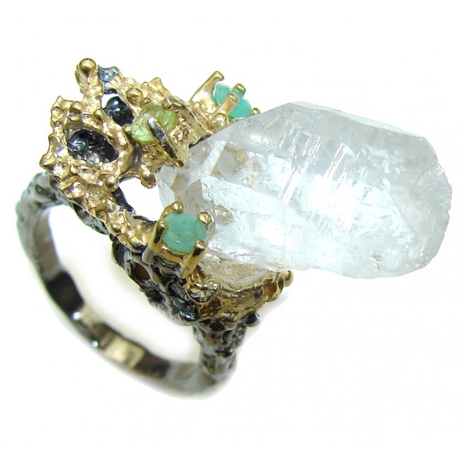 Shocking Baeuty! Mountain Crystal White Topaz & Emerald, Gold Plated, Rhodium Plated Sterling Silver ring s. 8