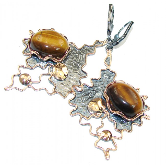 Large! Beautiful AAA Tigers Eye, Rose Gold Plated, Rhodium Plated Sterling Silver Earrings