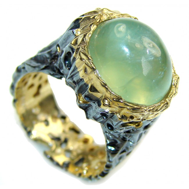 Fresh Green Moss Prehnite, Rhodium Plated, Gold Plated Sterling Silver ring; s. 9