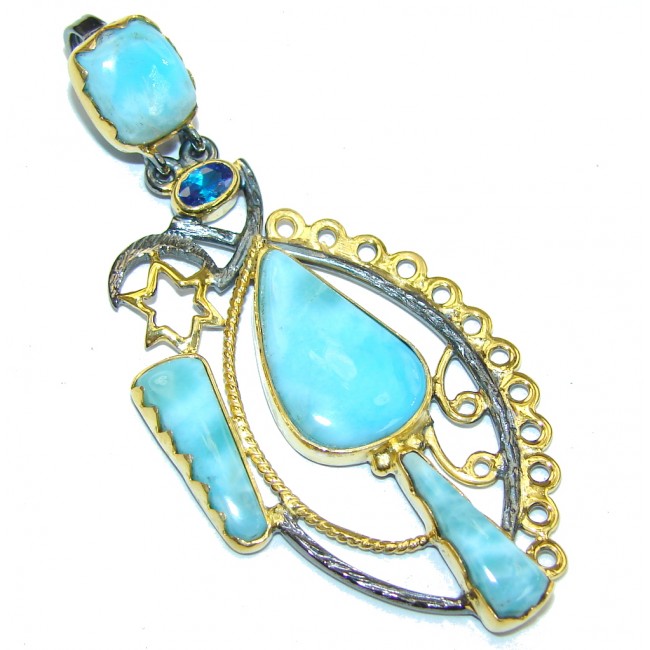 Exotic Style! AAA Blue Larimar & London Blue Topaz, Gold Plated, Rhodium Plated Sterling Silver Pendant