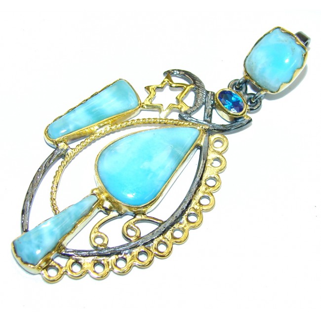 Exotic Style! AAA Blue Larimar & London Blue Topaz, Gold Plated, Rhodium Plated Sterling Silver Pendant