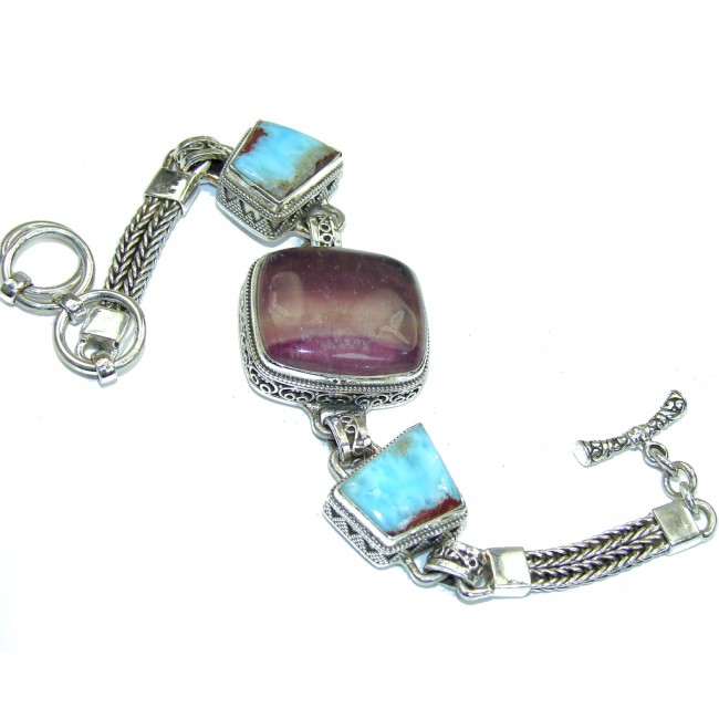 Excellent Design! Purple Fluorite & Larimar Sterling Silver Bracelet