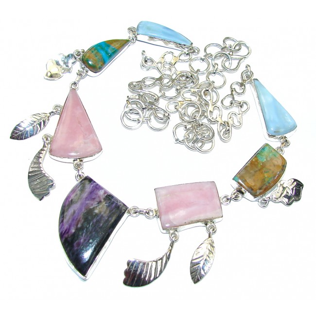 Lavender Secret!! Purple Charoite & Pink Opal & Peruvian Opal & Lace Agate Sterling Silver Necklace