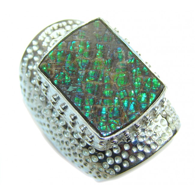 Large! Secret Beauty! Green Ammolite Sterling Silver ring s. 10