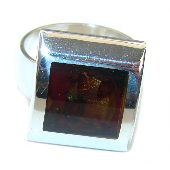 Natural Brown Polish Amber Sterling Silver Ring s. 8 - Adjstable