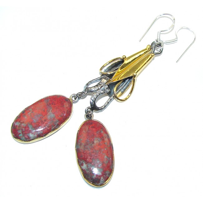 Beautiful Design! Red Sonora Jasper, Gold Plated, Rhodium Plated Sterling Silver Earrings / Long