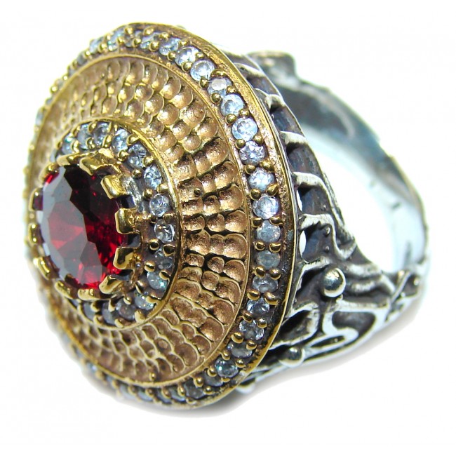 Victorian Style! Red Garnet Quartz & White Topaz Sterling Silver Ring s. 7 1/4