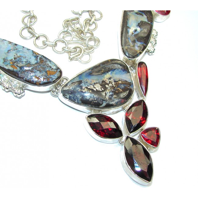 Very Unique Design! Boulder Opal & Garnet Quartz Sterling Silver necklace