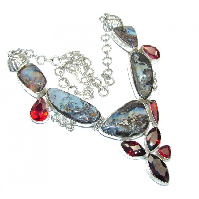 Very Unique Design! Boulder Opal & Garnet Quartz Sterling Silver necklace
