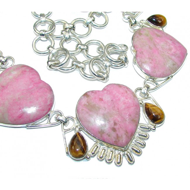 Exotic Color Of Pink Sea Sediment & Tiger's Eye Sterling Silver necklace