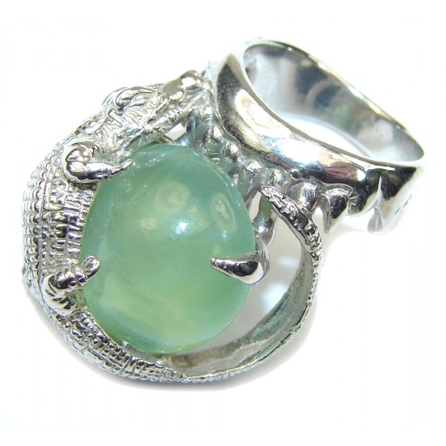 Big! Gorgeous Alligator Green Moss Prehnite Sterling Silver ring; s. 8