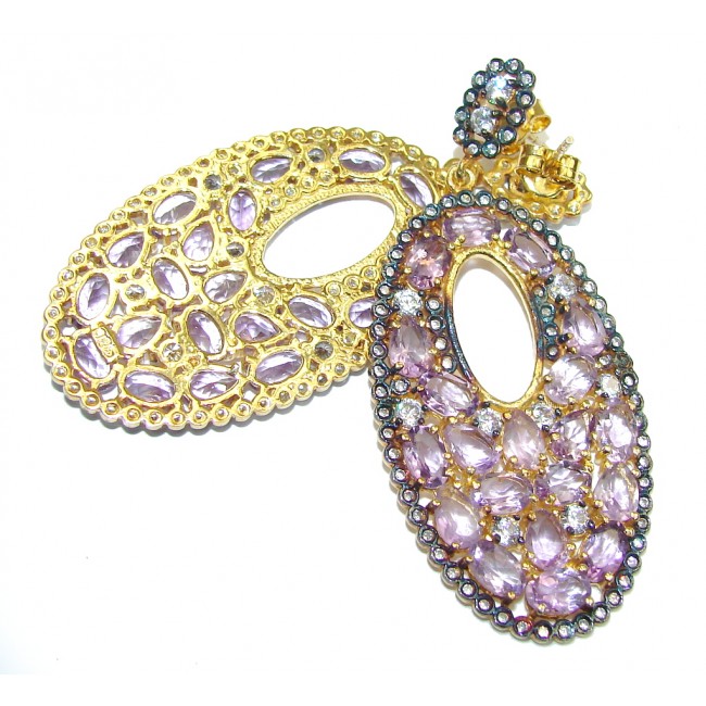Big! Genuine Pink Amethyst & White Topaz, Gold Plated Sterling Silver earrings