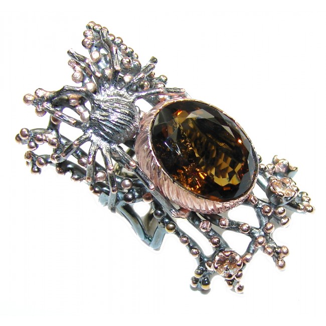 Huge! Black Widow Spider Smoky Topaz, Rose Gold Plated, Rhodium Plated Sterling Silver ring s. 8