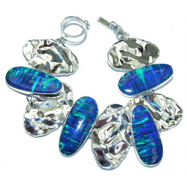 Natural Beauty! Blue Fire Opal Sterling Silver Bracelet