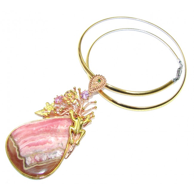 Stunning Design! AAA Pink Rhodochrosite, Rose & Gold Plated Sterling Silver necklace