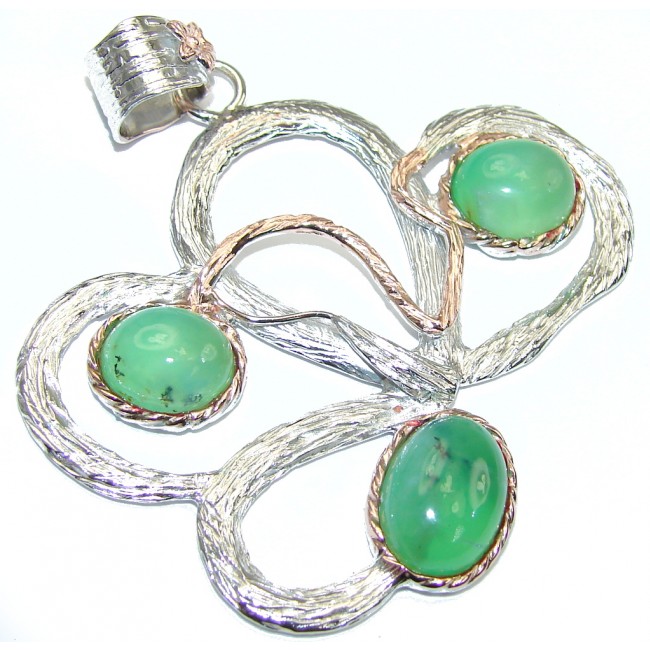 Stunning! Green Moss Prehnite, Two Tones Sterling Silver Pendant