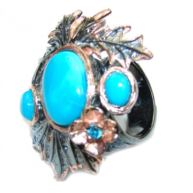 Big! Sleeping Beauty! Blue Turquoise, Rose Gold Plated, Rhodium Plated Sterling Silver ring s. 8 1/2