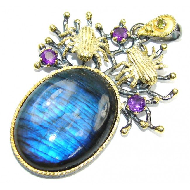 Exclusive AAA Blue Labradorite & Amethyst, Rhodium Plated, Gold Plated Sterling Silver Pendant