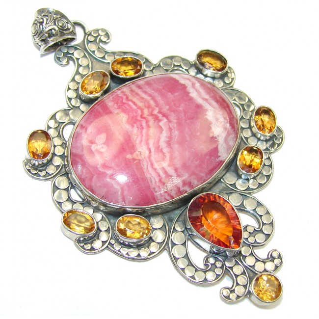 Large! Bali Style! Pink Rhodochrosite & Orange Magic Topaz Sterling Silver Pendant