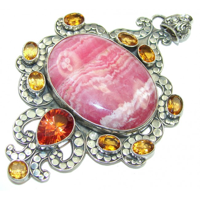 Large! Bali Style! Pink Rhodochrosite & Orange Magic Topaz Sterling Silver Pendant