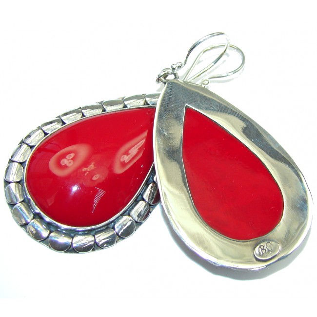 Big! Deep Love Red Fossilized Coral Sterling Silver earrings
